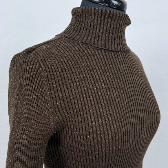 Reitmans Small Brown Metallic Lurex Ribbed Knit Mock Neck Long Sleeve Sweater - Picture 4 of 8